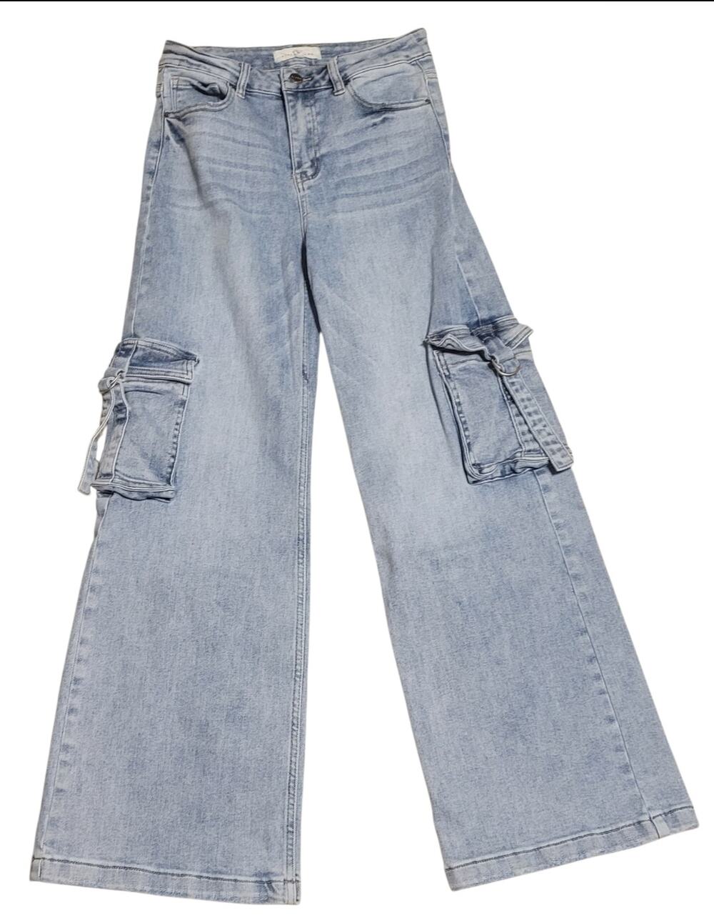 Risen Los Angeles Light Wash Wide Leg Cargo Jeans - Women's Size 7/28
